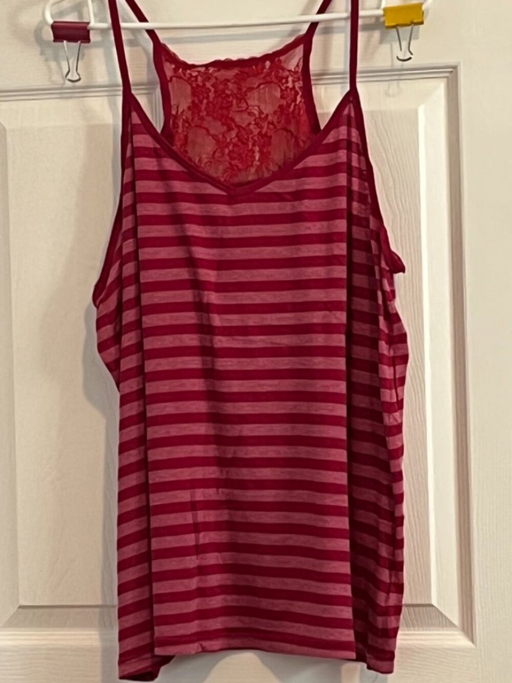 2x red striped tank top with lace back accent